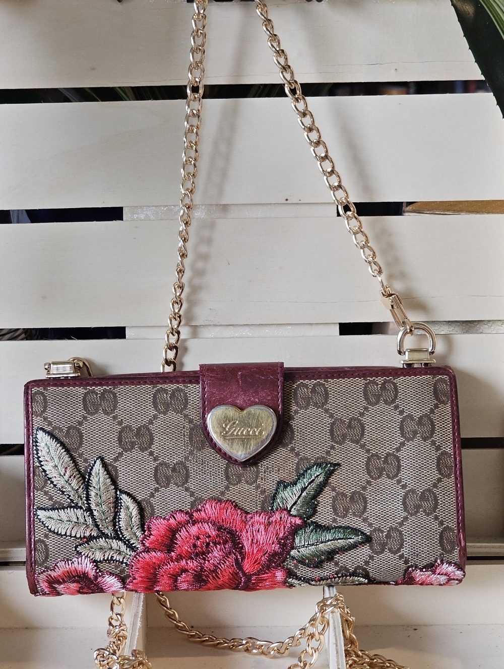 Gucci Vintage GG Monogram Wallet w/Crossbody Chain & Patches Added